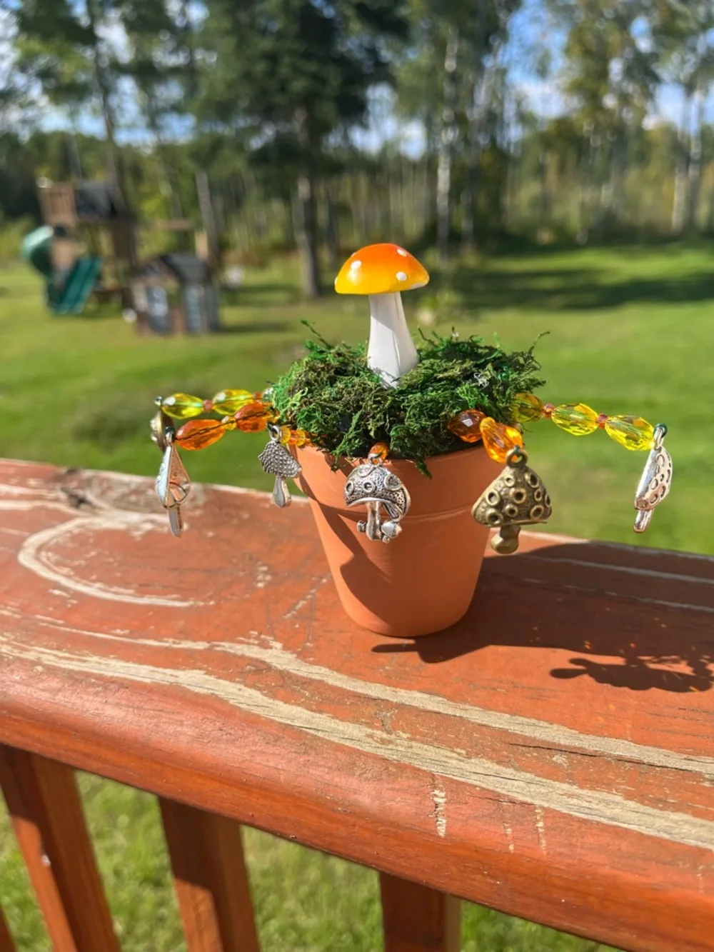 Handmade Mini Mushroom Pot with Beaded Charm Garland - Orange/Yellow